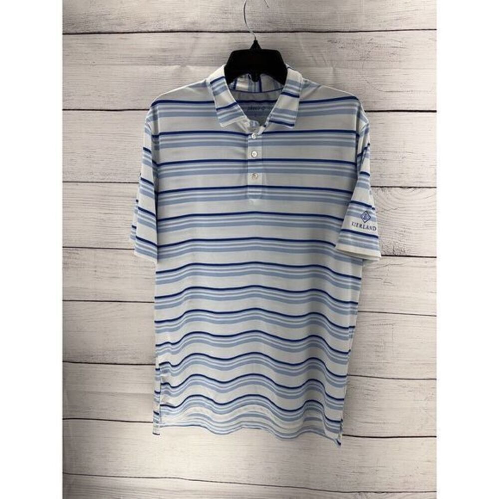 Johnnie O‎ Polo Shirt Mens Large Blue White Striped Polyester Spandex FLAW